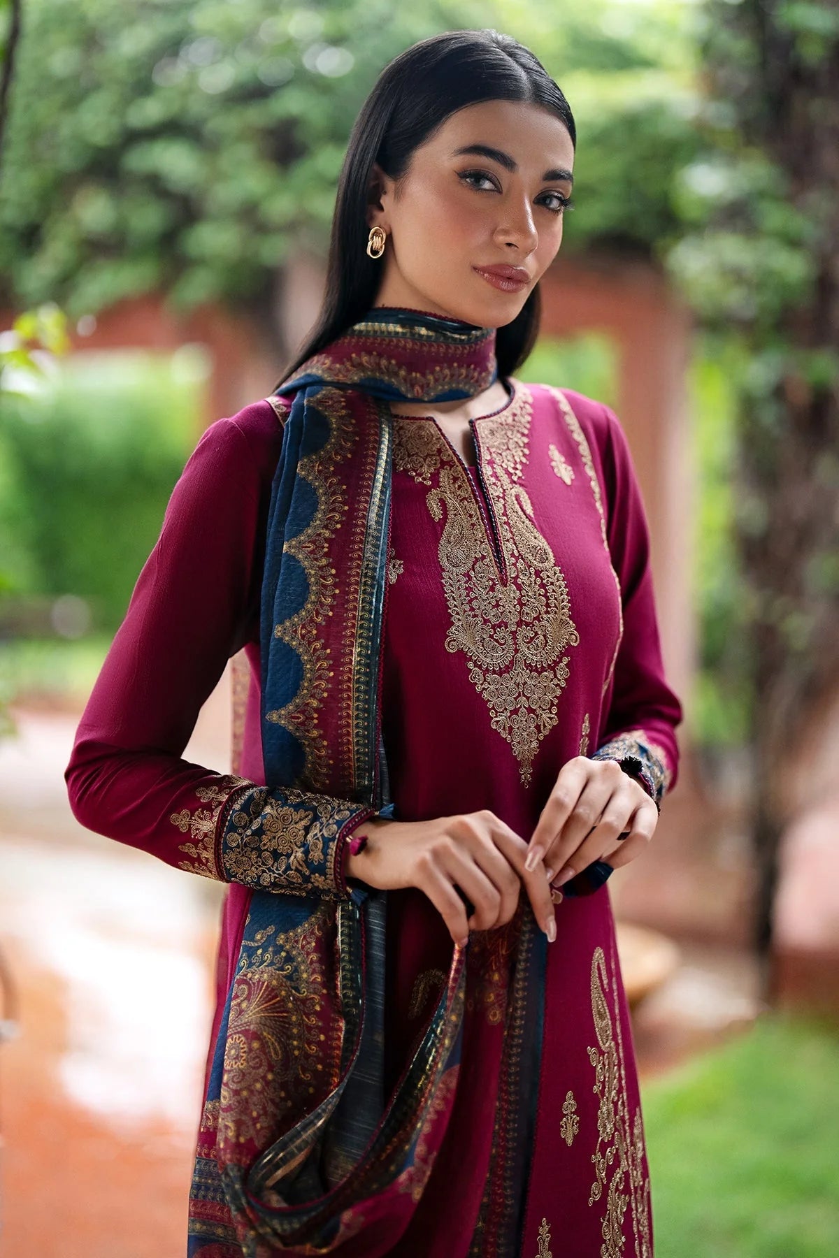 JAZMIN - 3PC DHANAK EMBROIDERED SHIRT WITH PRINTED TWILL SHAWL AND TROUSER -KPR798