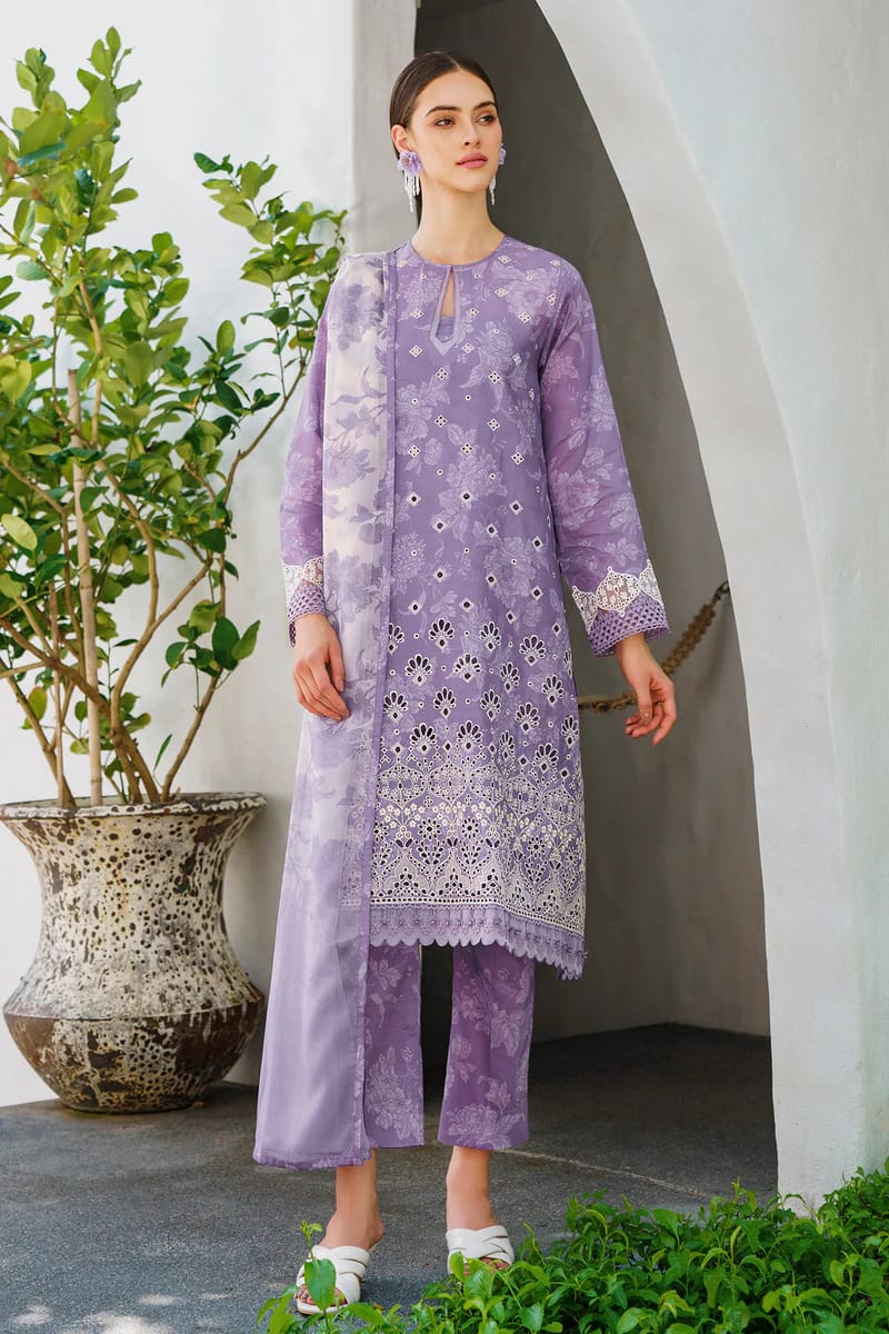 BRQ Chikan kari Lilac Pure Lawn New Arrival 3pc D#008
