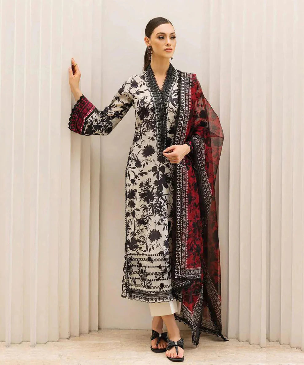 ZNB CHTANI Lawn Unstitched three-piece With Embroided Patch Lawn Duppta
