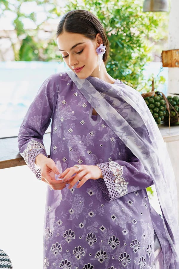 BRQ Chikan kari Lilac Pure Lawn New Arrival 3pc  D#008